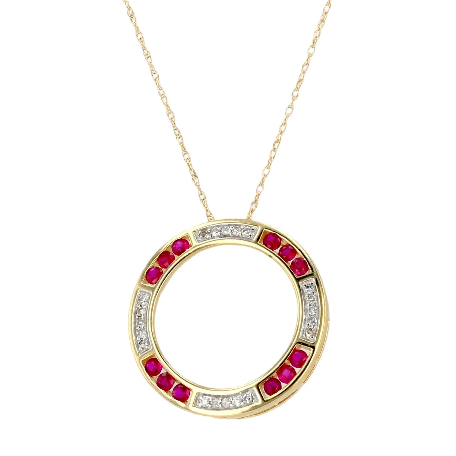 10K Yellow gold infinity circle alternate ruby and diamonds necklace-16728