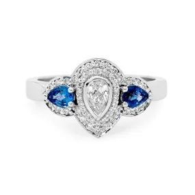 18ct White Gold, Pear Cut Diamond & Sapphire Ring