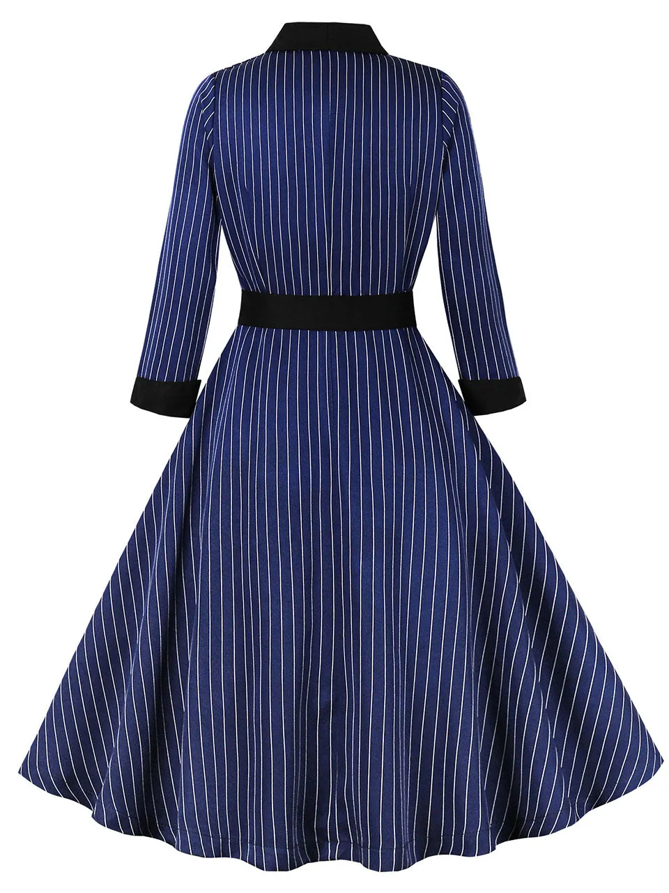 1950S Navy Vertical Stripes 3/4 Sleeve Vintage Swing Dress