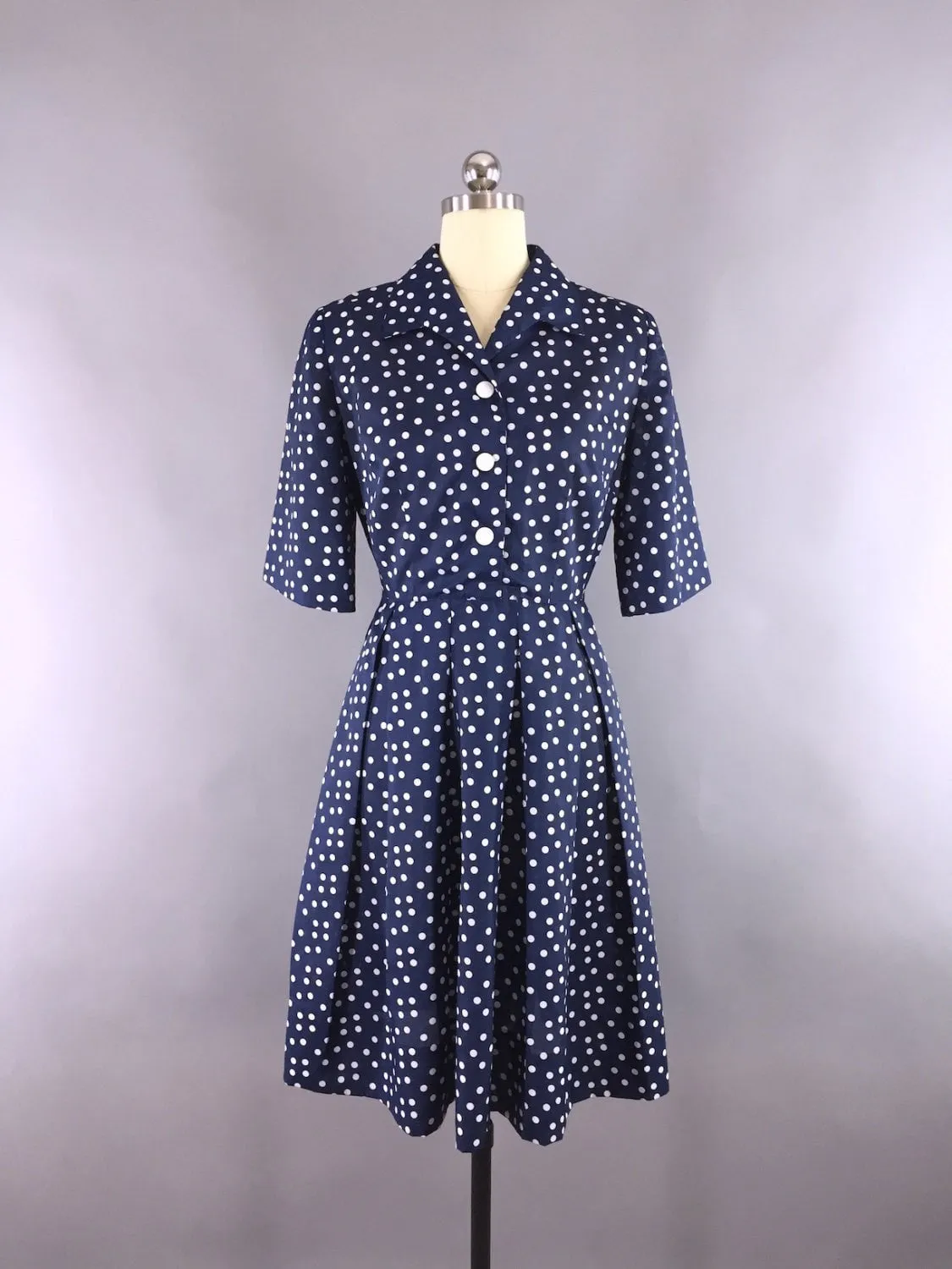 1950s Vintage Navy Blue Polka Dots Day Dress