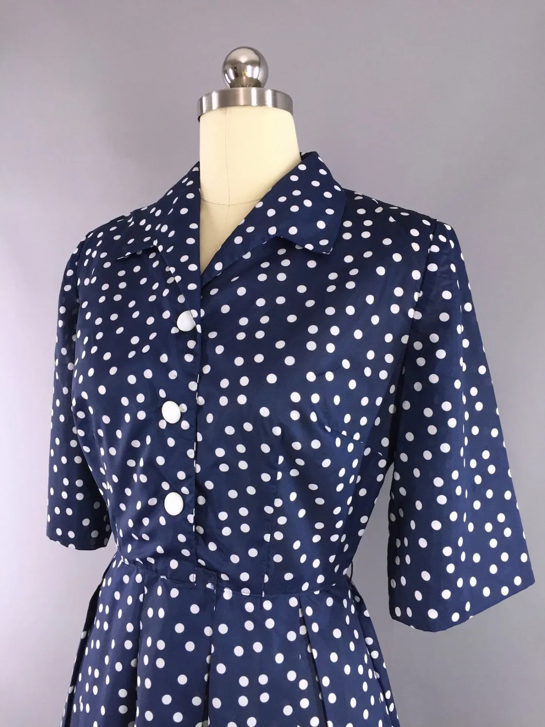 1950s Vintage Navy Blue Polka Dots Day Dress