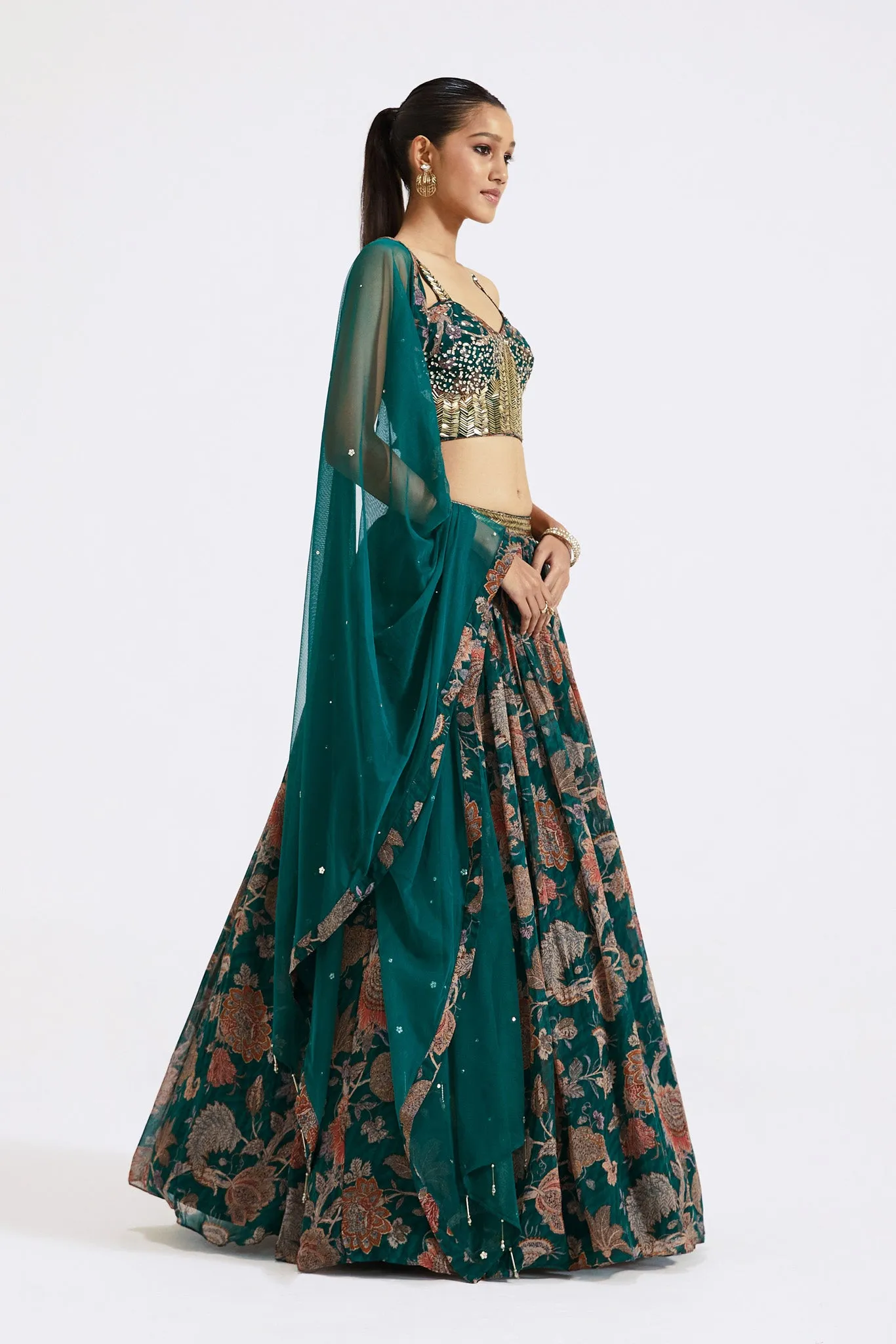 30Z377-RO Dark Green Printed Georgette Lehenga with Dupatta