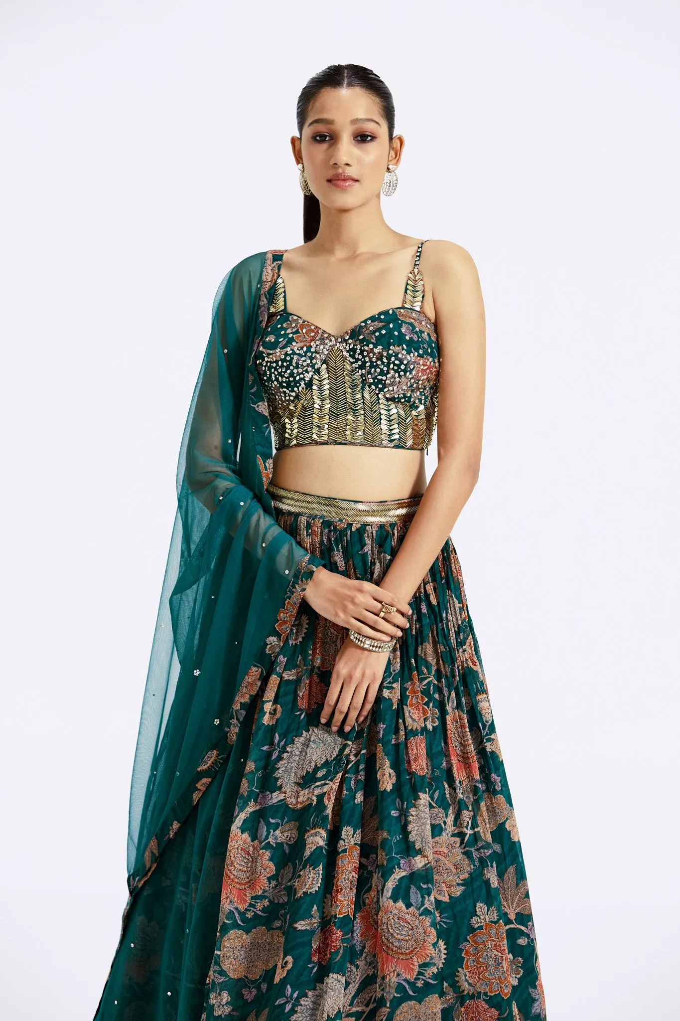 30Z377-RO Dark Green Printed Georgette Lehenga with Dupatta