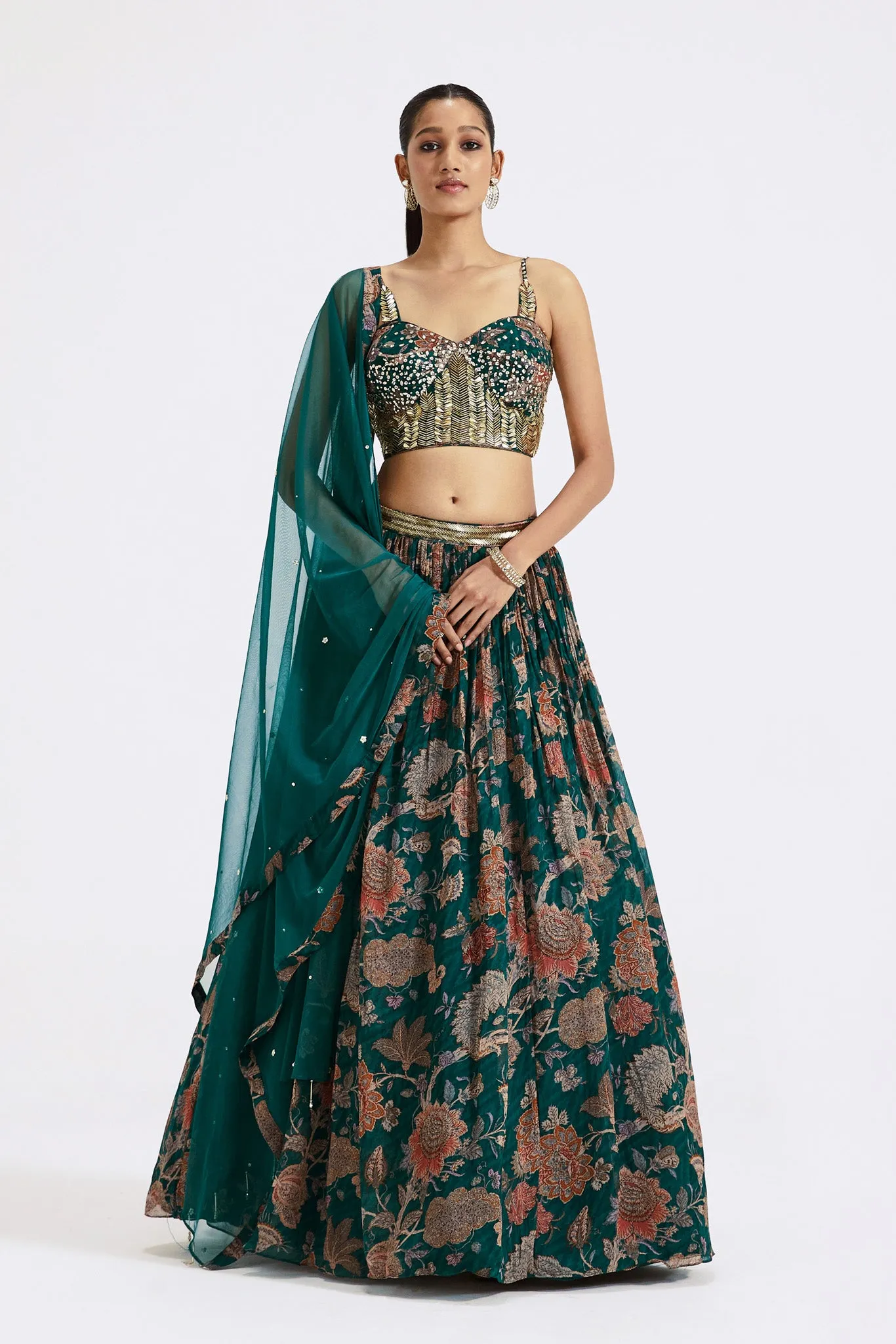 30Z377-RO Dark Green Printed Georgette Lehenga with Dupatta