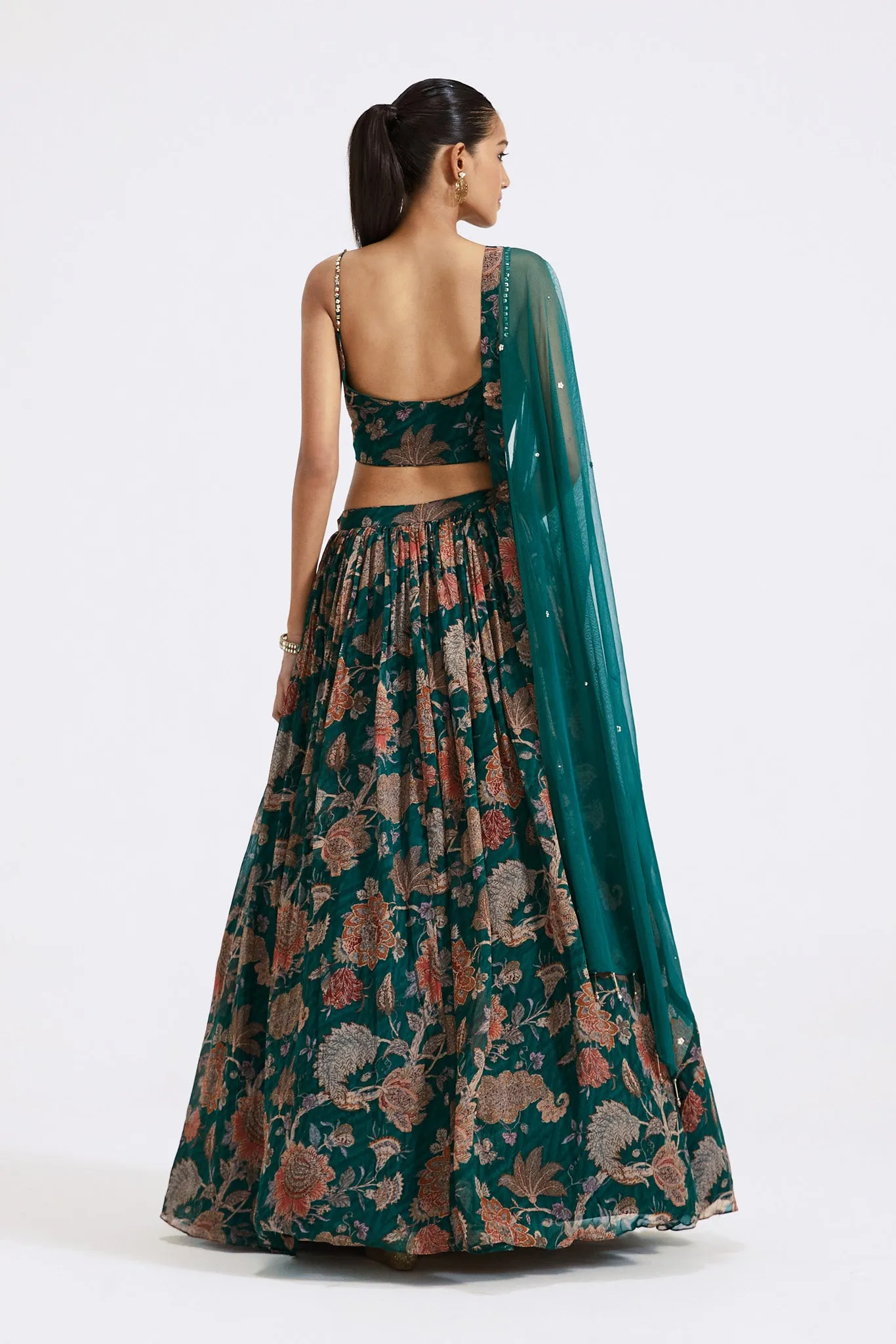 30Z377-RO Dark Green Printed Georgette Lehenga with Dupatta