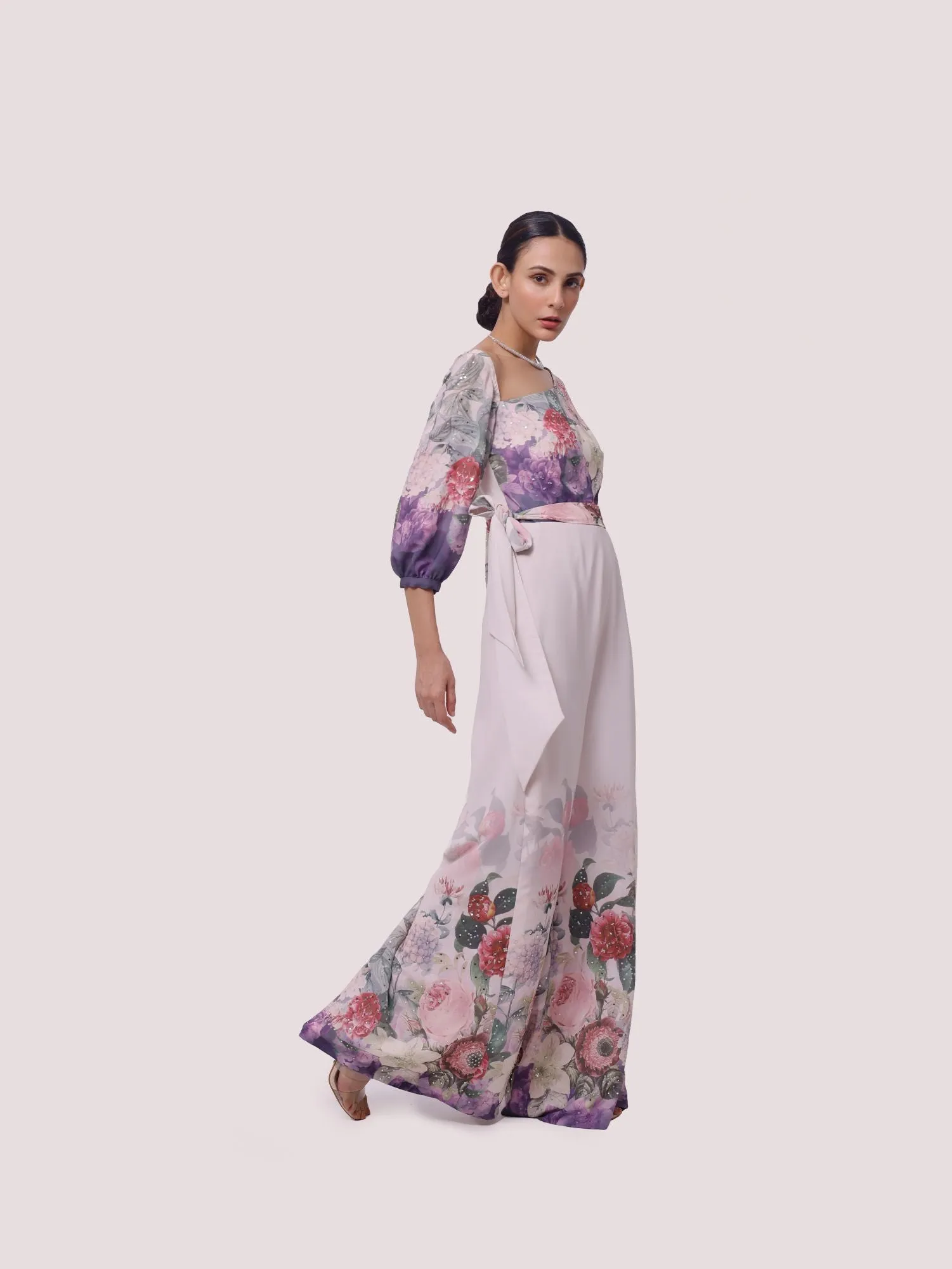 50Z950-RO Cream Floral Georgette Jumpsuit