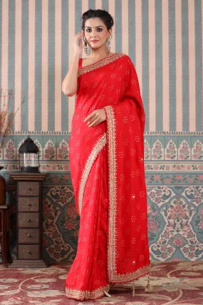 90Z520-RO Bright Red Embroidered Georgette Saree