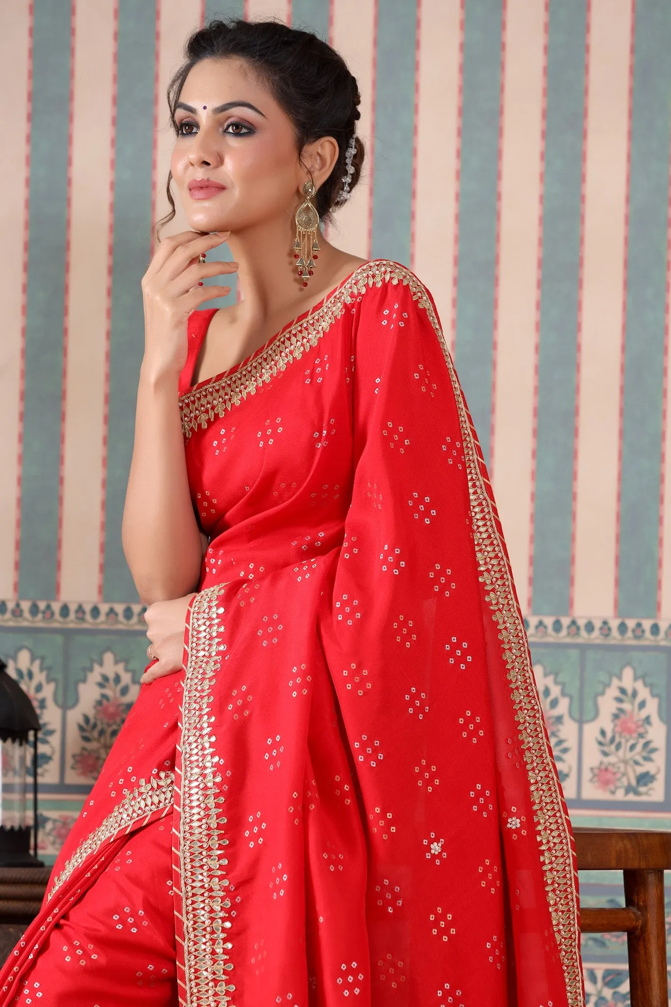 90Z520-RO Bright Red Embroidered Georgette Saree