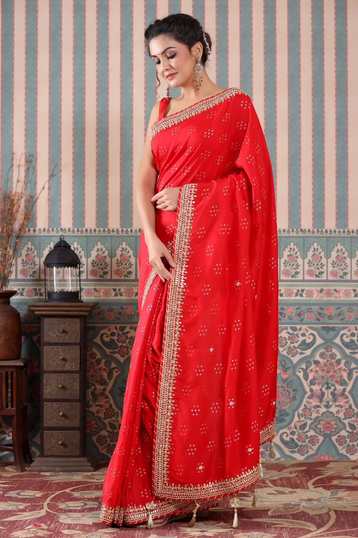 90Z520-RO Bright Red Embroidered Georgette Saree