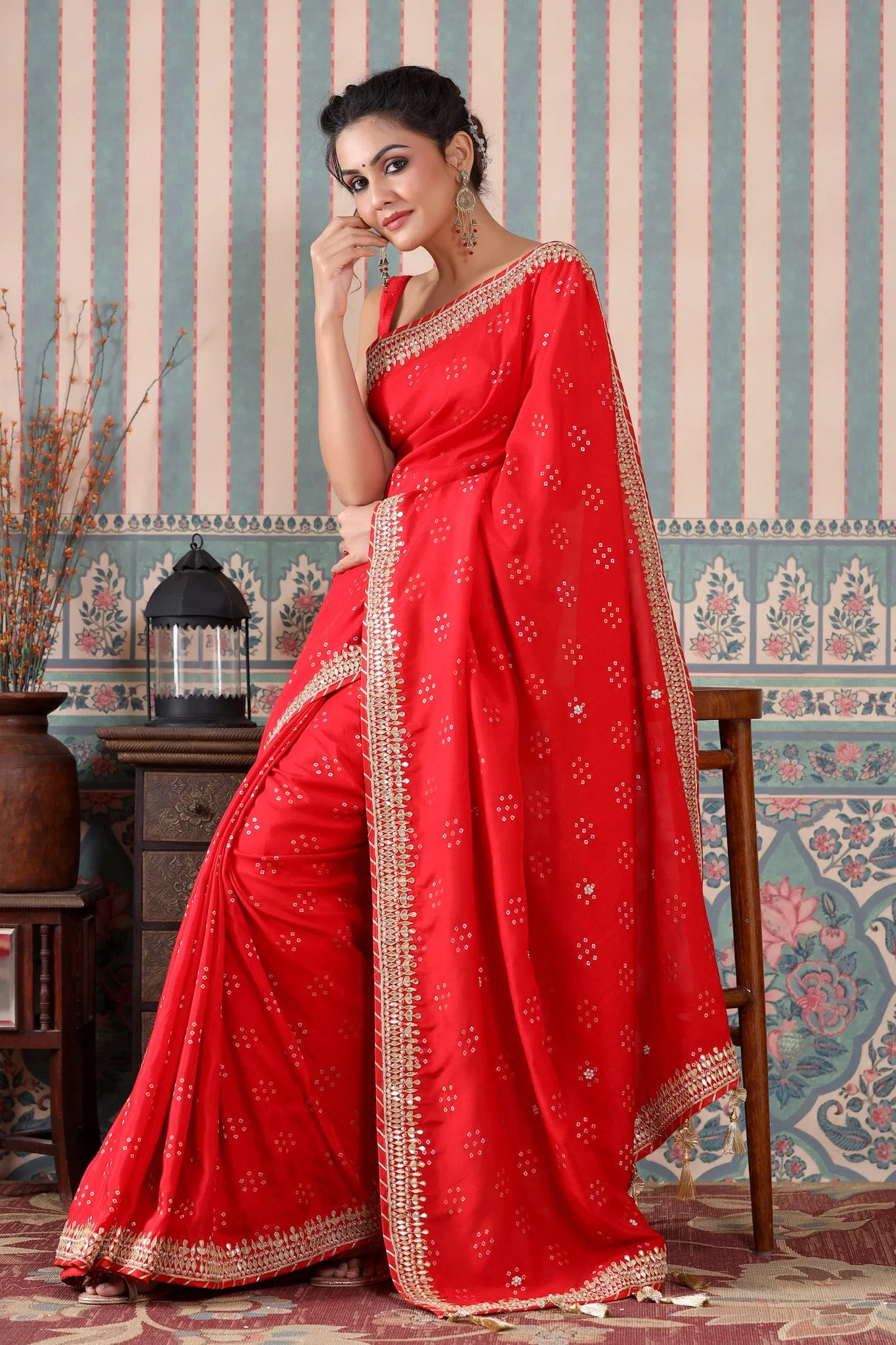 90Z520-RO Bright Red Embroidered Georgette Saree