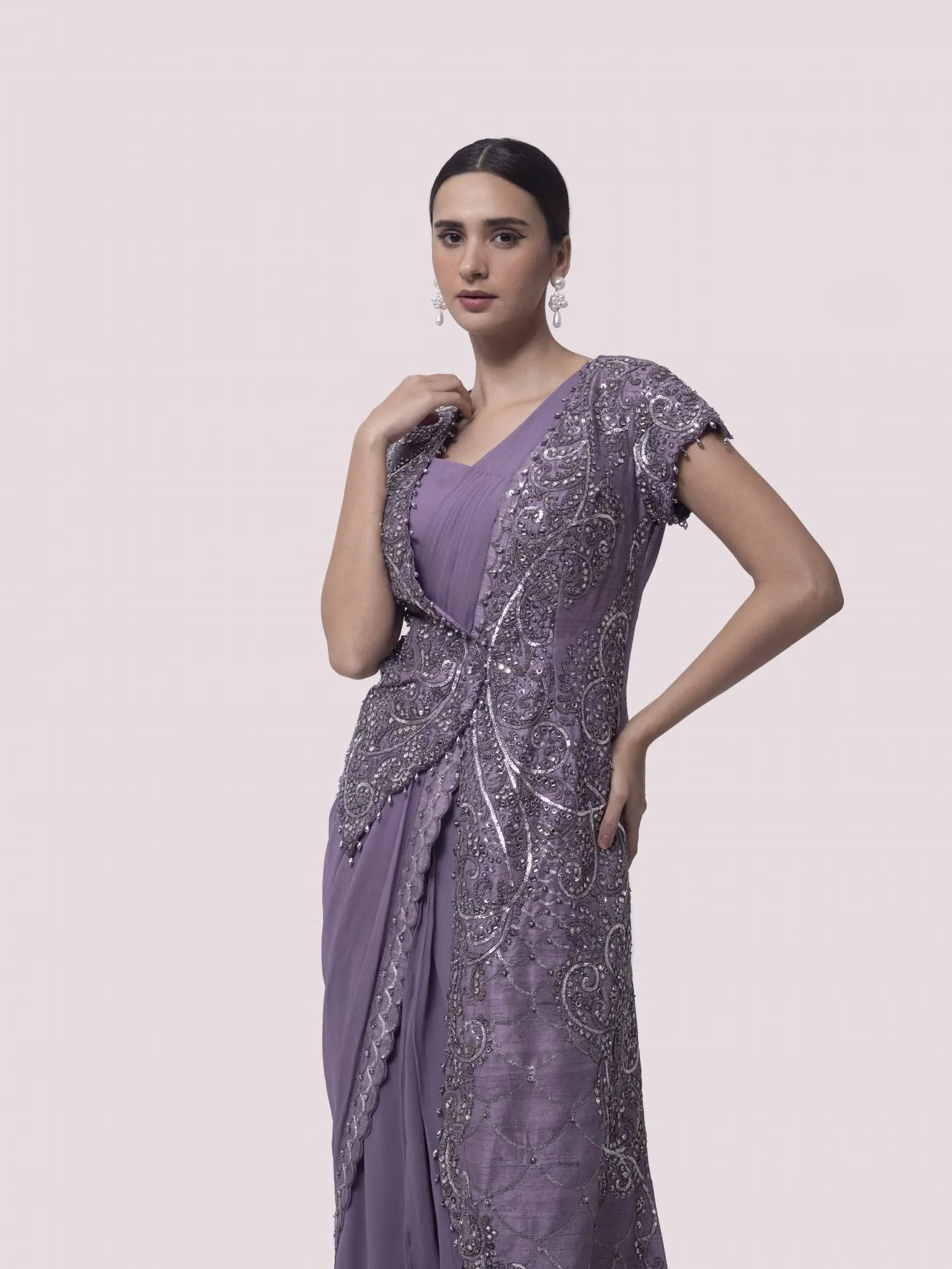 90Z891-RO Lilac Pre Stiched Saree Set