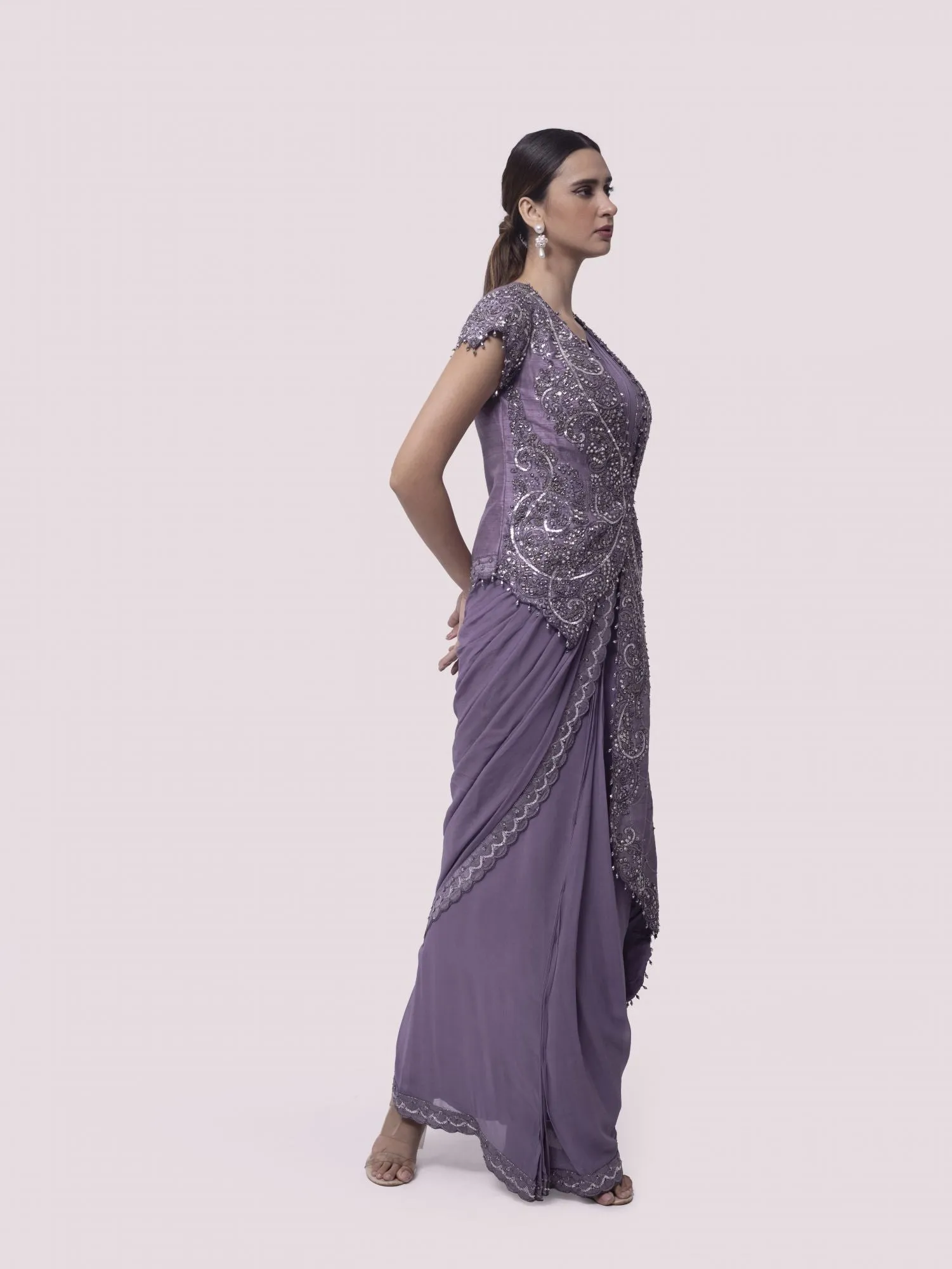 90Z891-RO Lilac Pre Stiched Saree Set