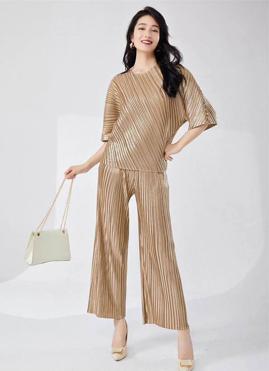 9240008 Pleated Top & Pants Set *Gold