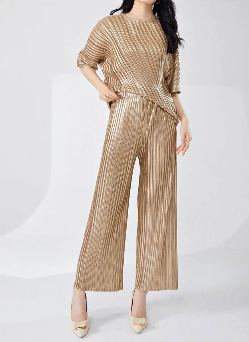 9240008 Pleated Top & Pants Set *Gold