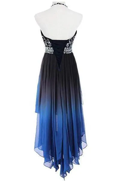 A Line Halter Beaded Blue High Low Chiffon Ombre Lace up Long Prom Dresses