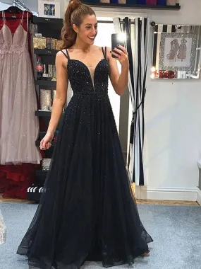 A Line V Neck Backless Beaded Black Long Prom Formal Graduation Evening Dresses