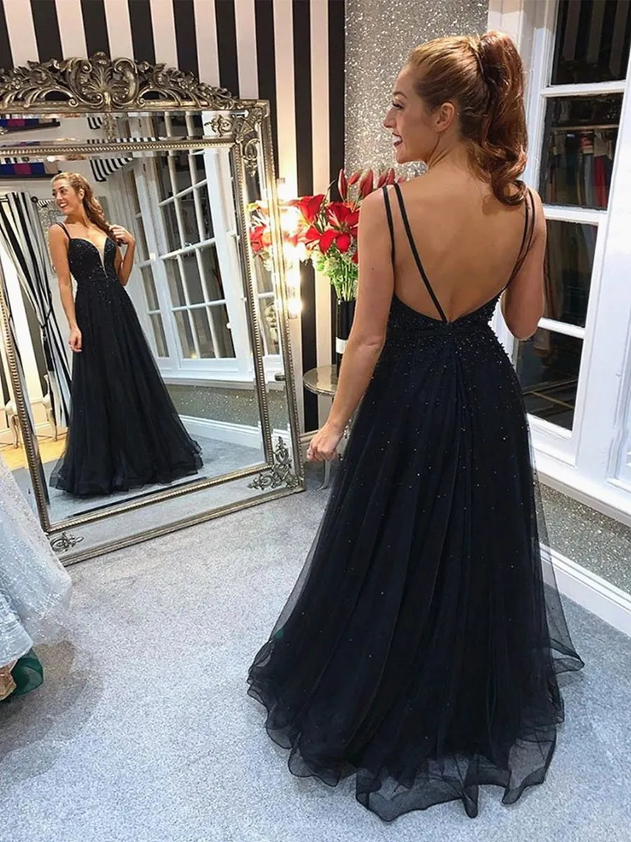 A Line V Neck Backless Beaded Black Long Prom Formal Graduation Evening Dresses