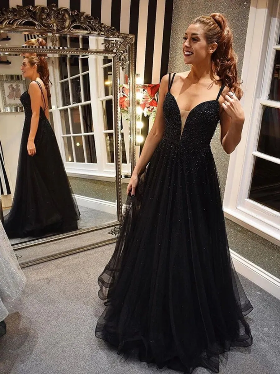 A Line V Neck Backless Beaded Black Long Prom Formal Graduation Evening Dresses