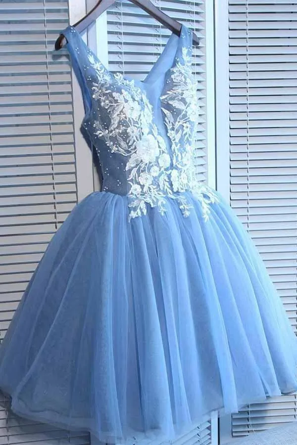 A Line V Neck Blue Tulle Cheap Beads Short Homecoming Dresses with Lace Appliques