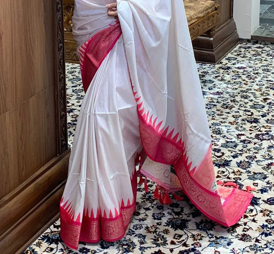 Alluring off White Color Chanderi Fancy Silk Saree With Tempal Print And Weave Border