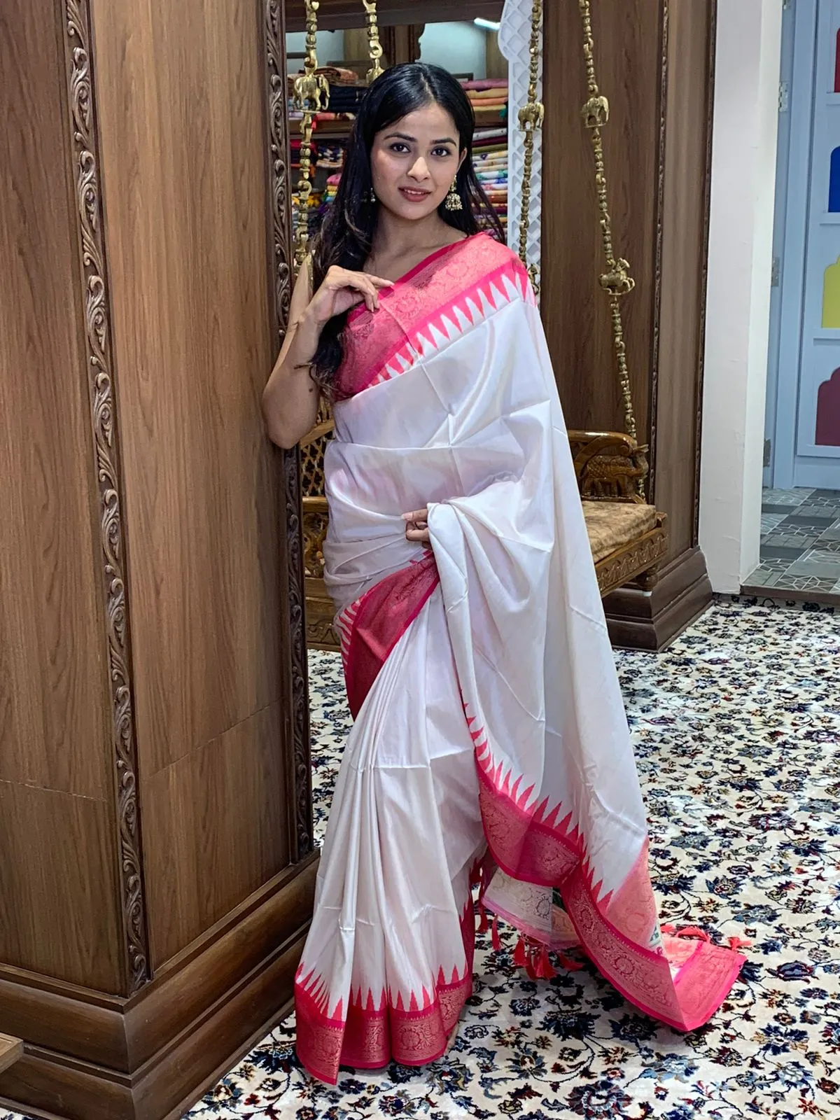 Alluring off White Color Chanderi Fancy Silk Saree With Tempal Print And Weave Border