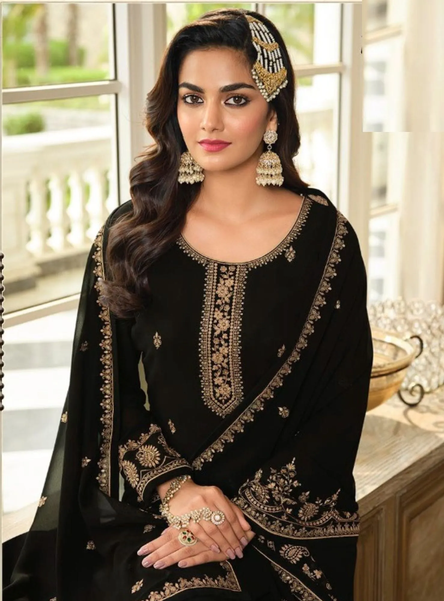 Black Long Kurta Georgette Sharara Set - Rent