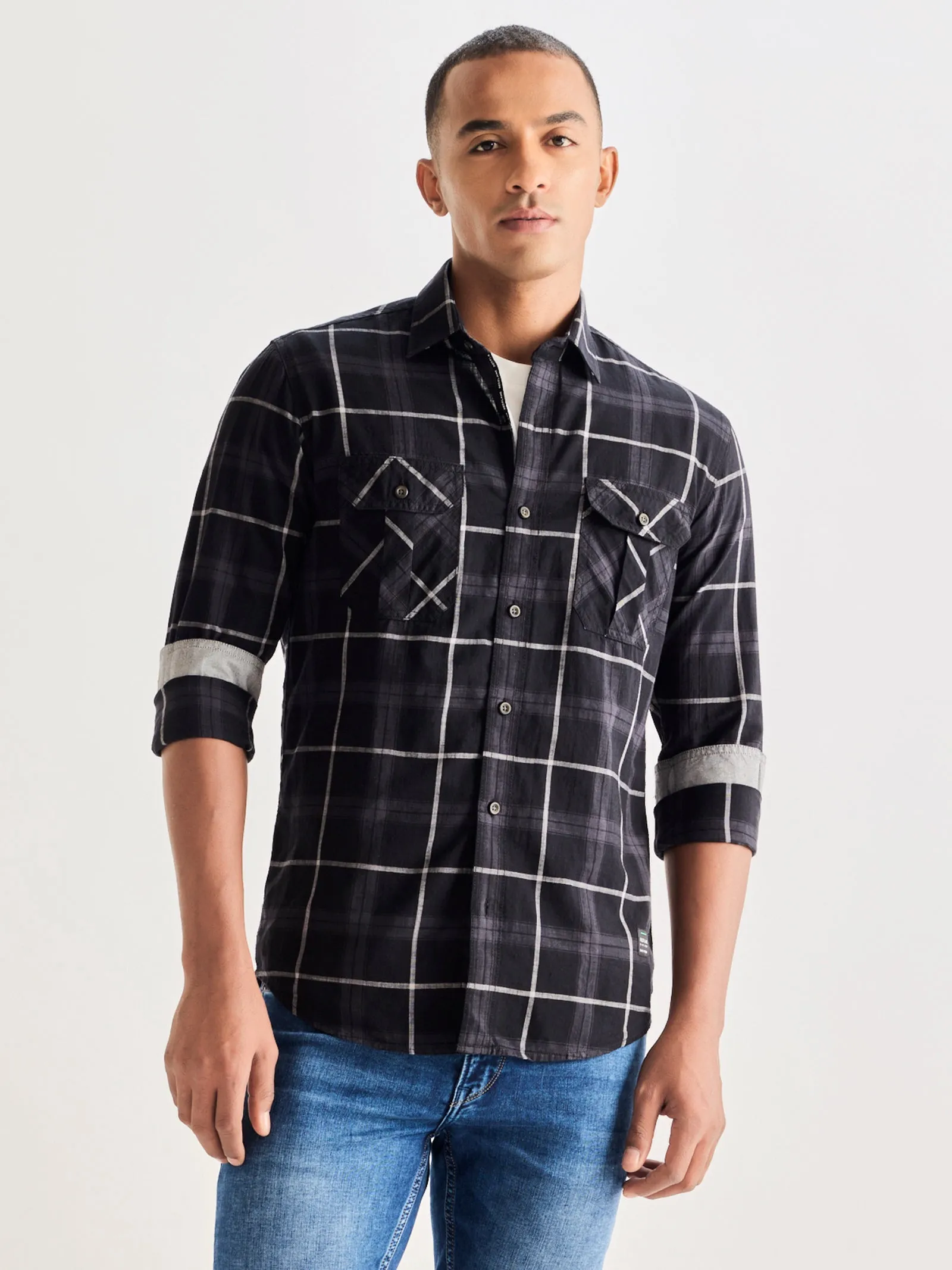 Black Pure Cotton Checked Shirt