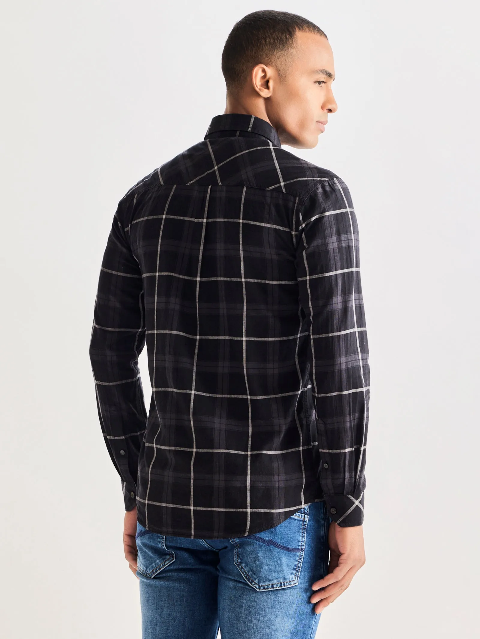 Black Pure Cotton Checked Shirt