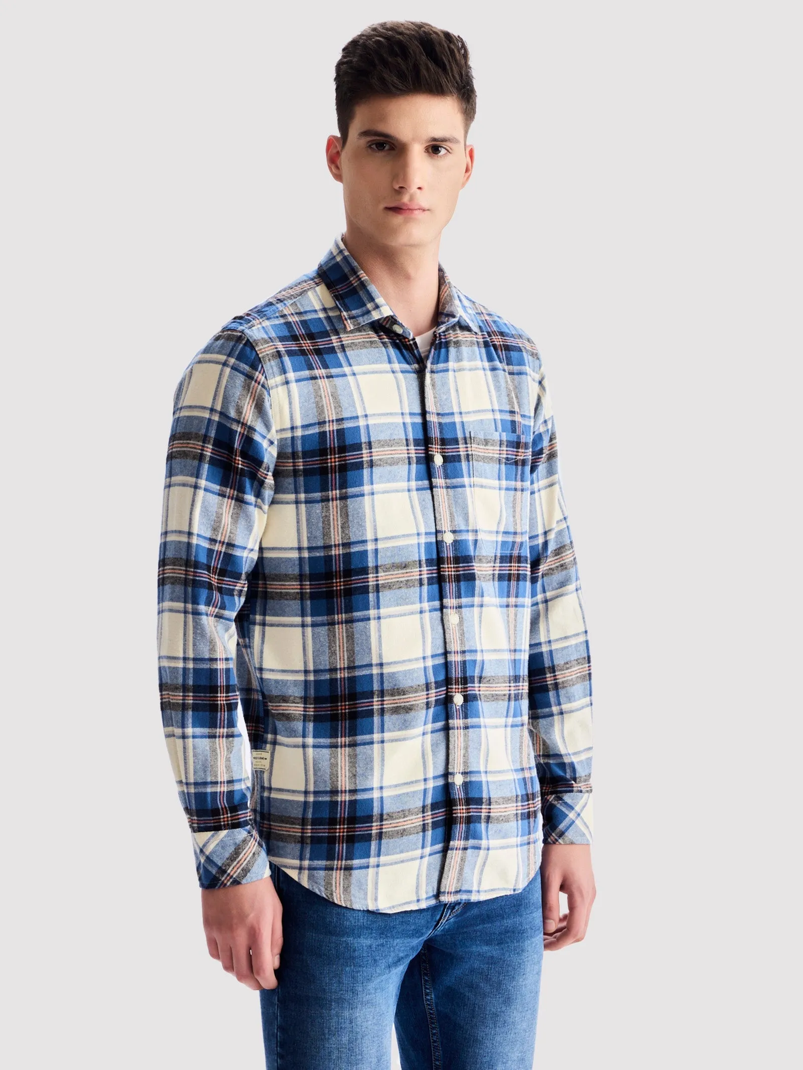 Blue Brushed Cotton Checked Shirt