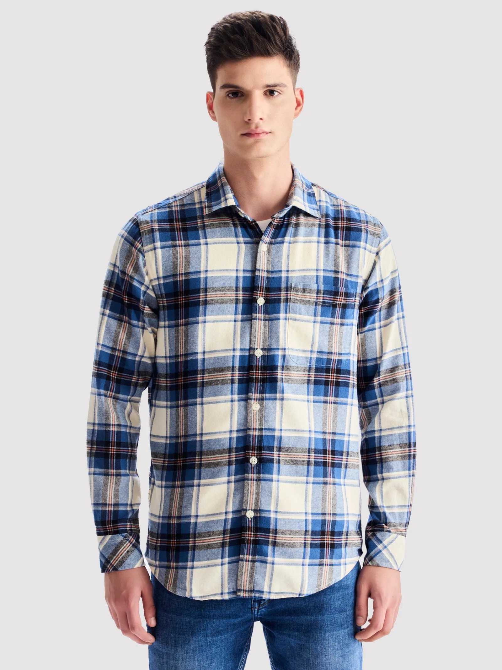 Blue Brushed Cotton Checked Shirt