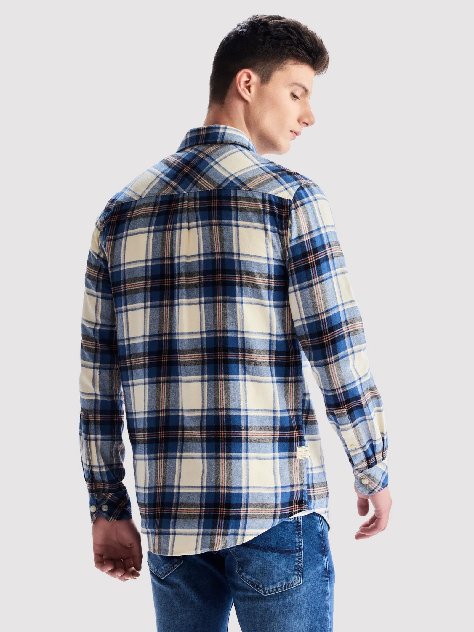 Blue Brushed Cotton Checked Shirt