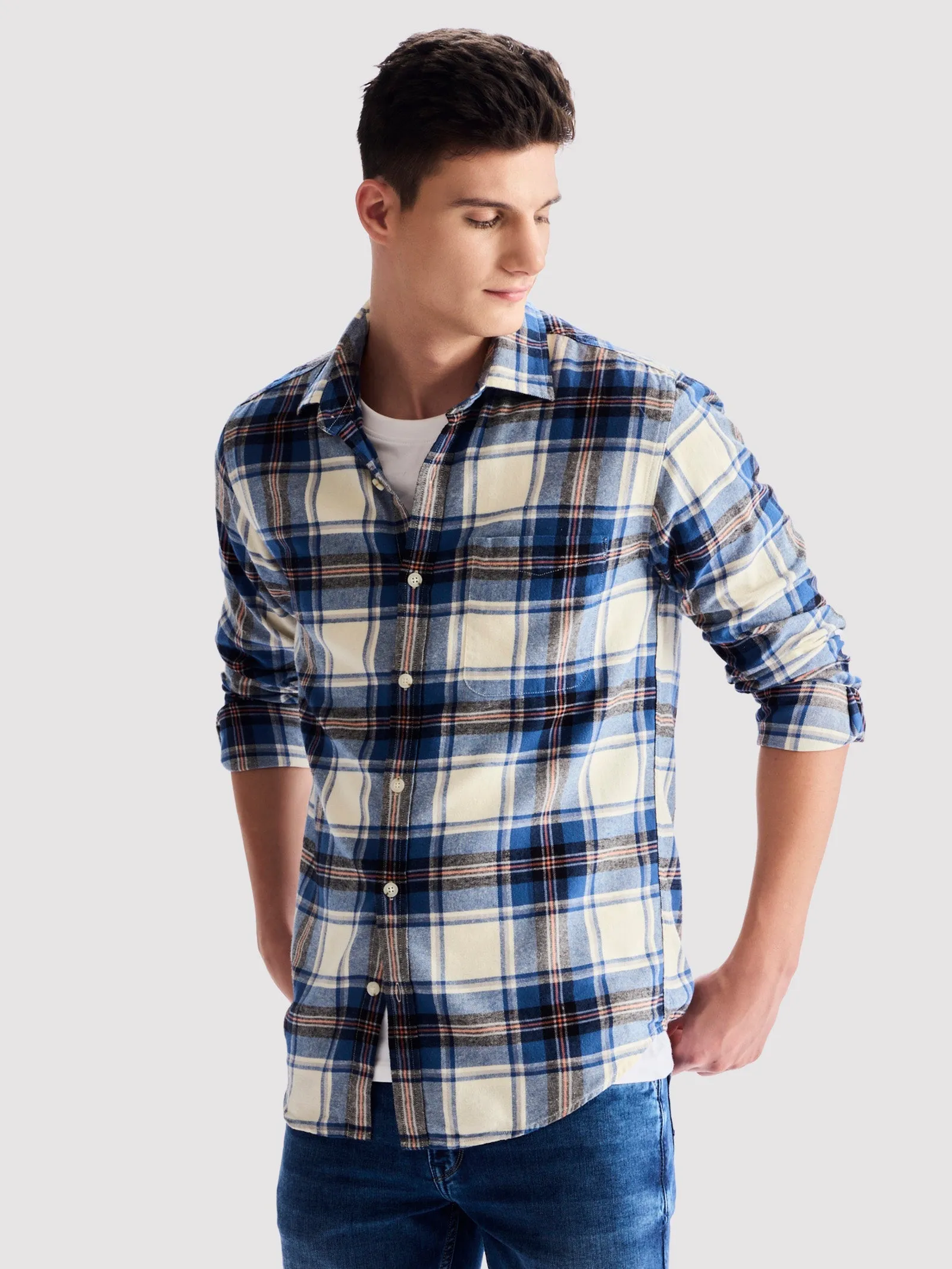 Blue Brushed Cotton Checked Shirt