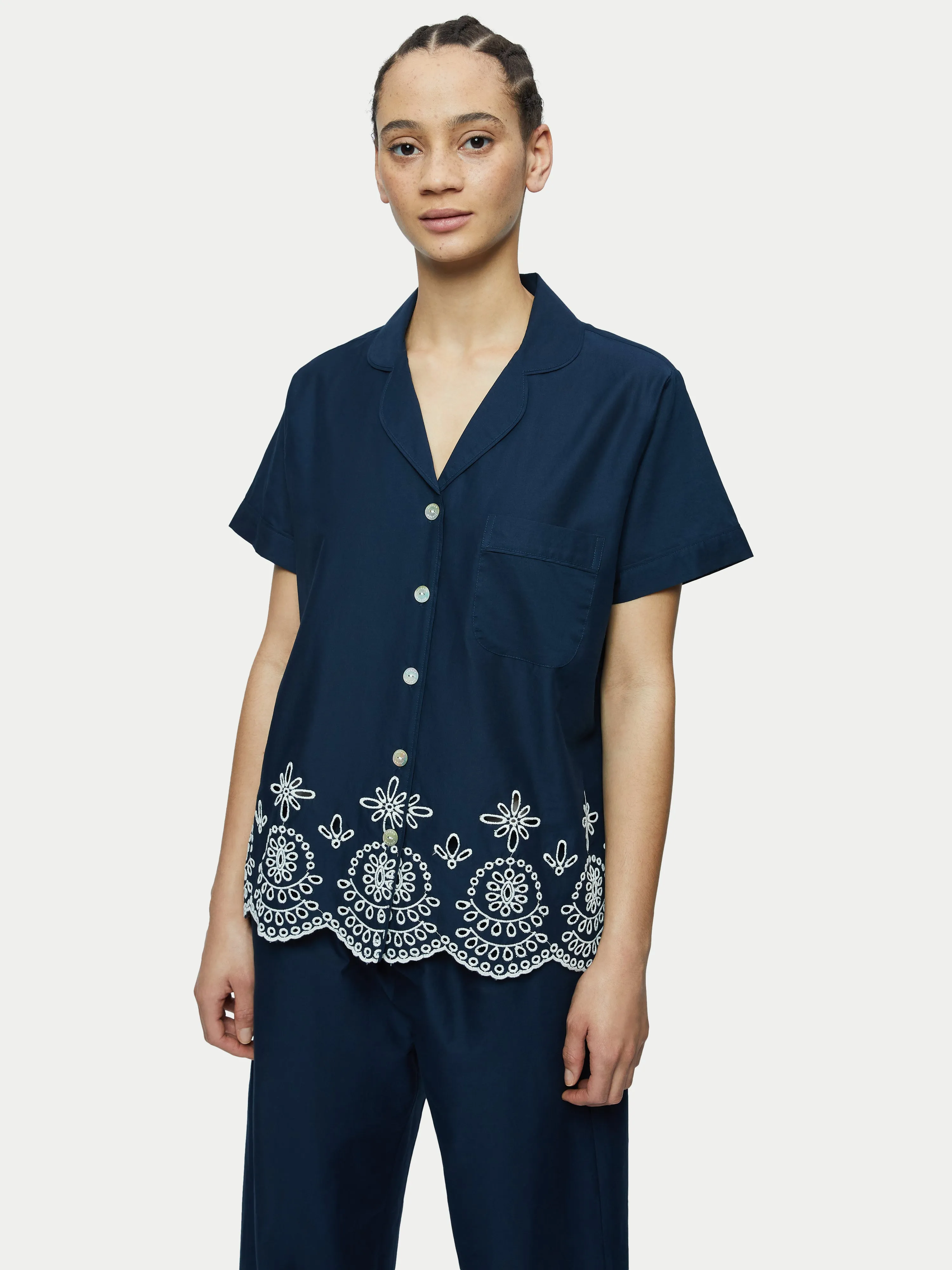 Cotton Broderie Cropped Pyjama | Navy