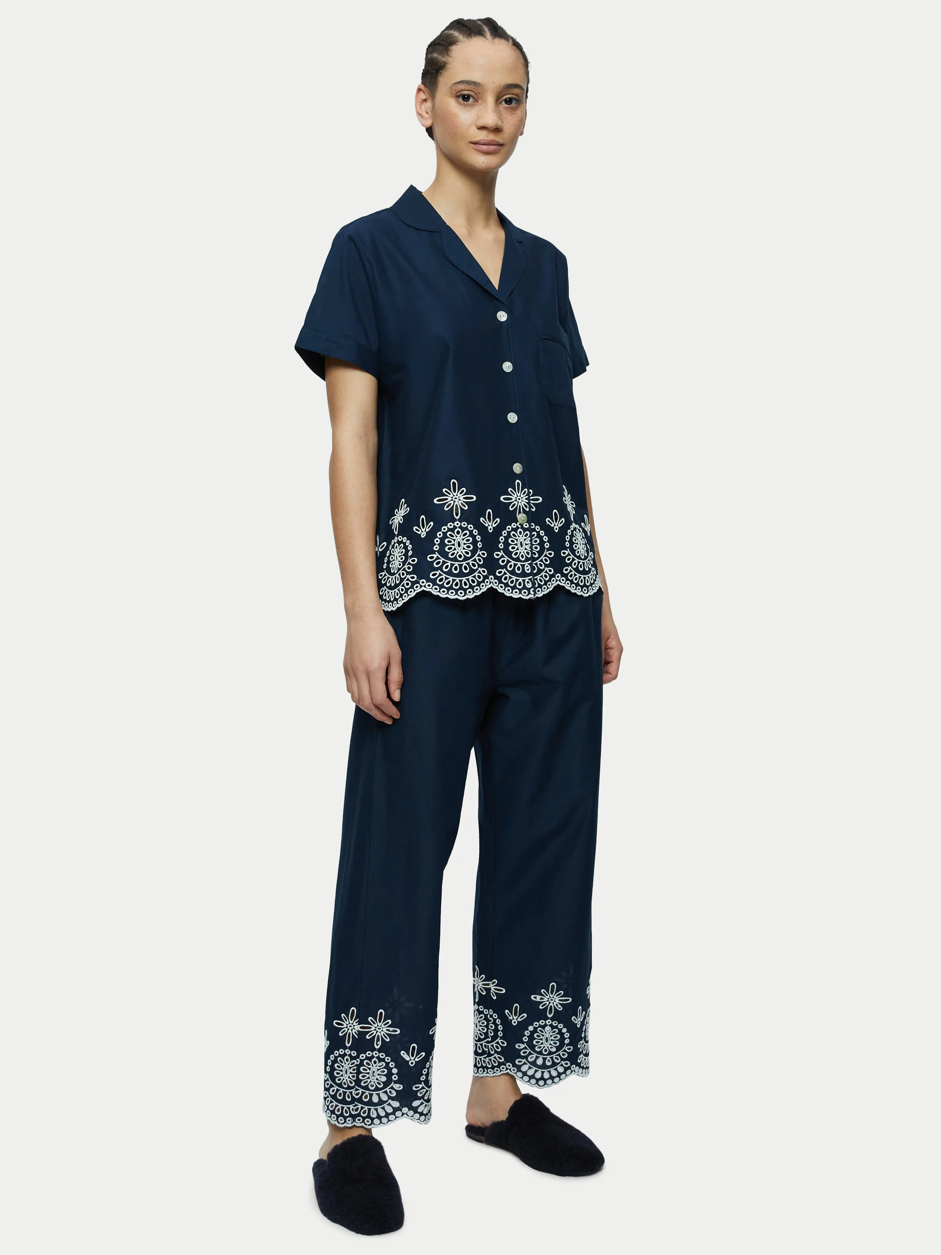 Cotton Broderie Cropped Pyjama | Navy