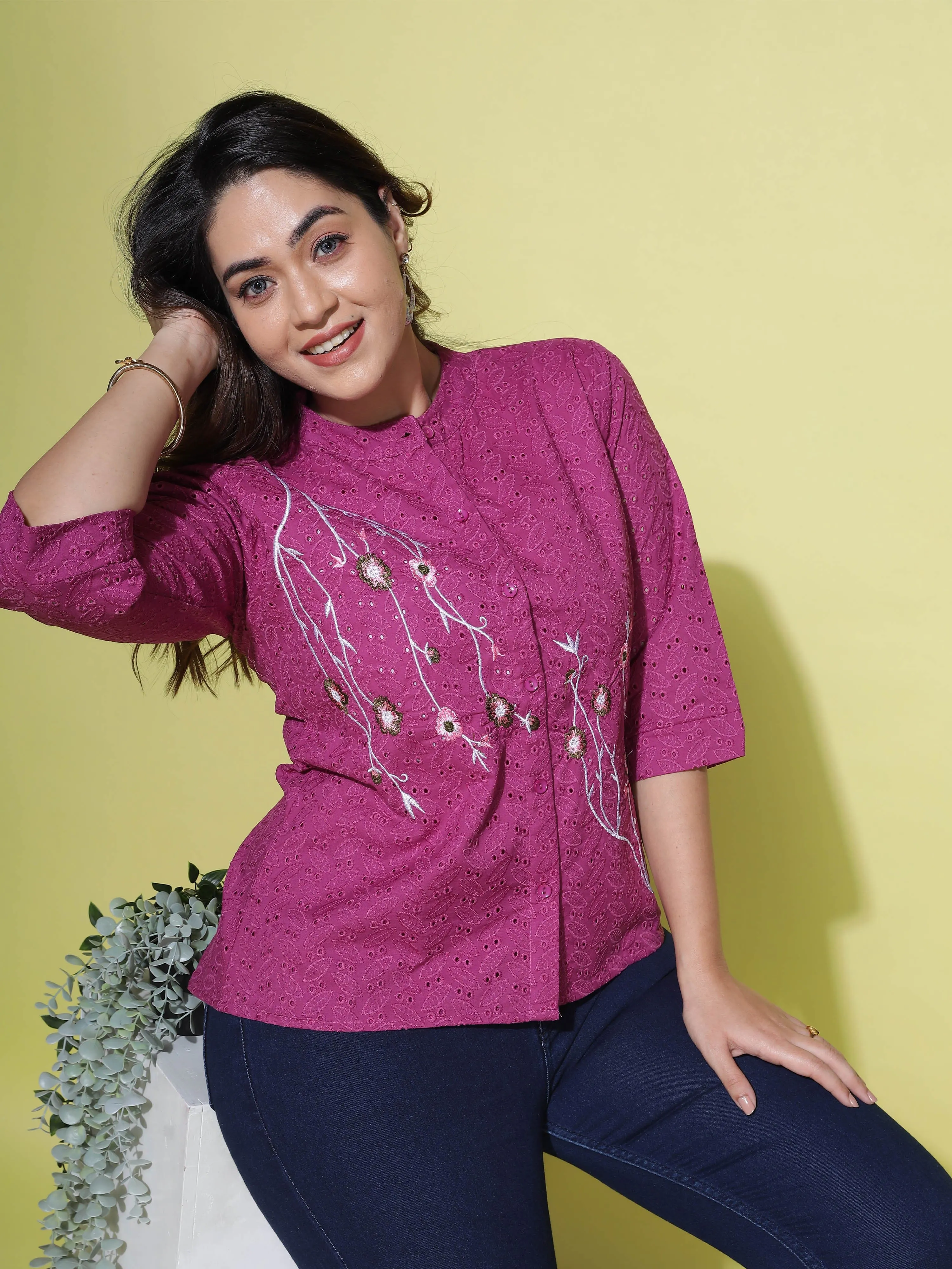 Cotton Top Floral Embroidery Violet