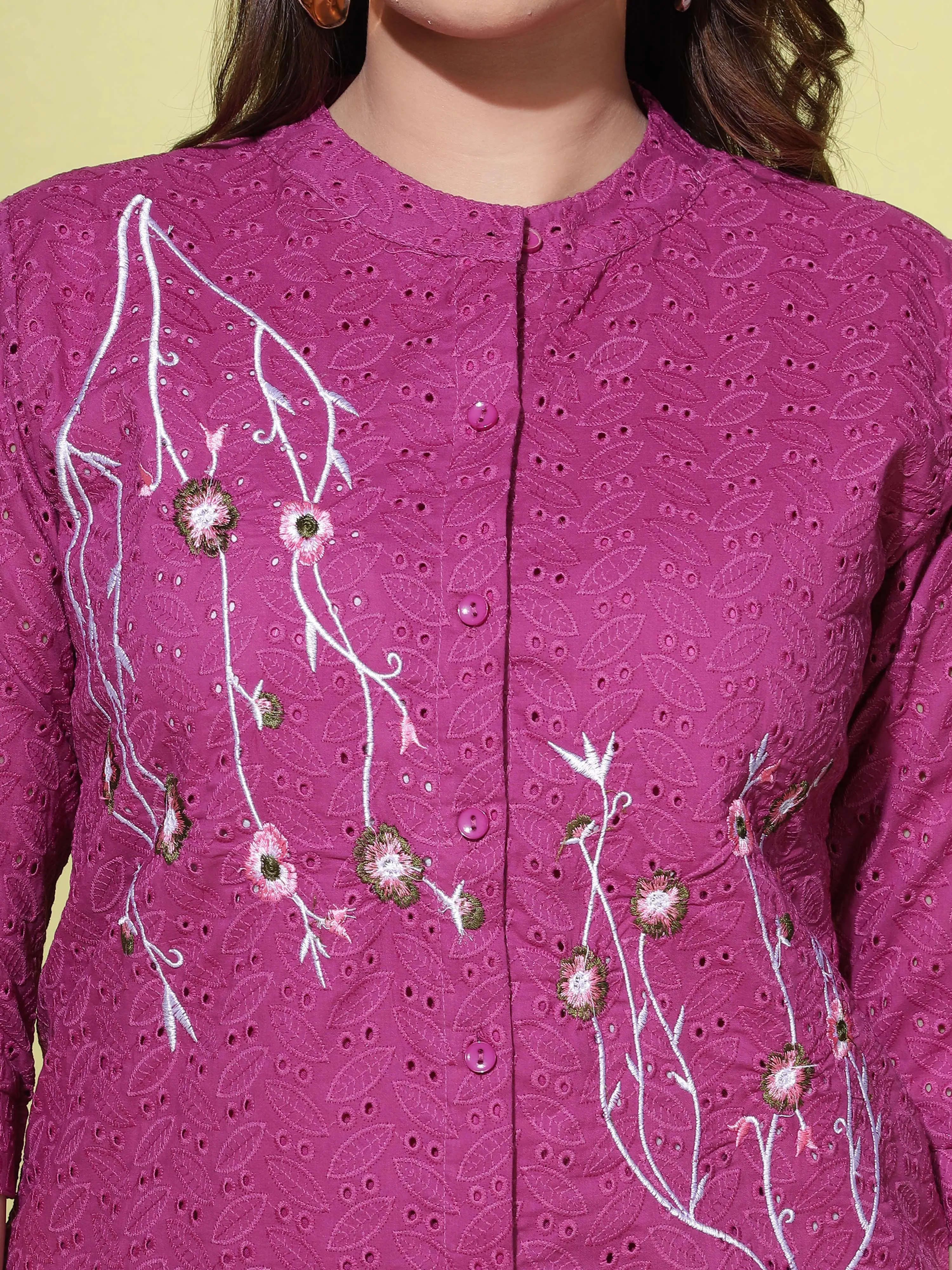 Cotton Top Floral Embroidery Violet