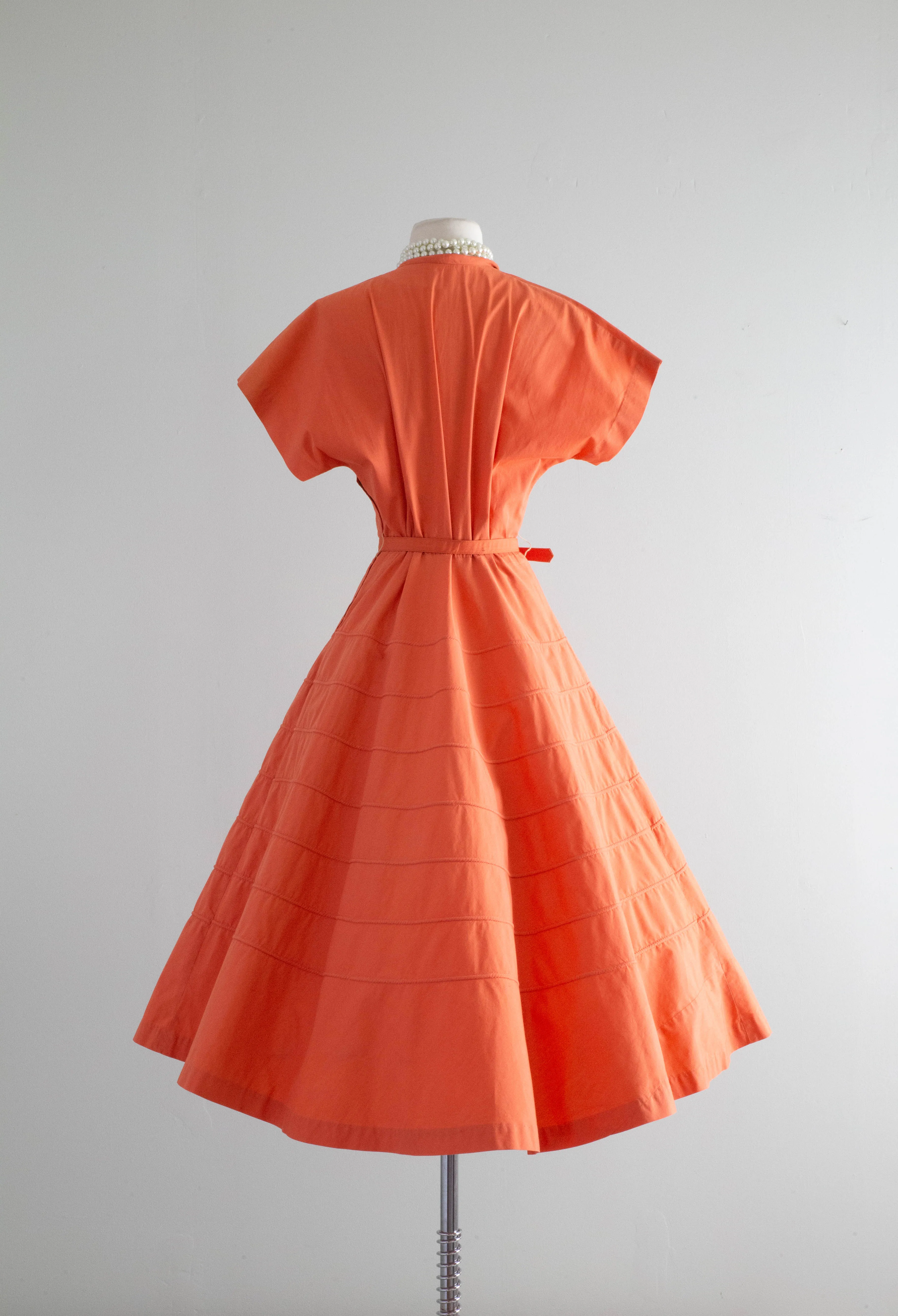 Crisp 1950's Coral Cotton Day Dress With Full Skirt / Medium