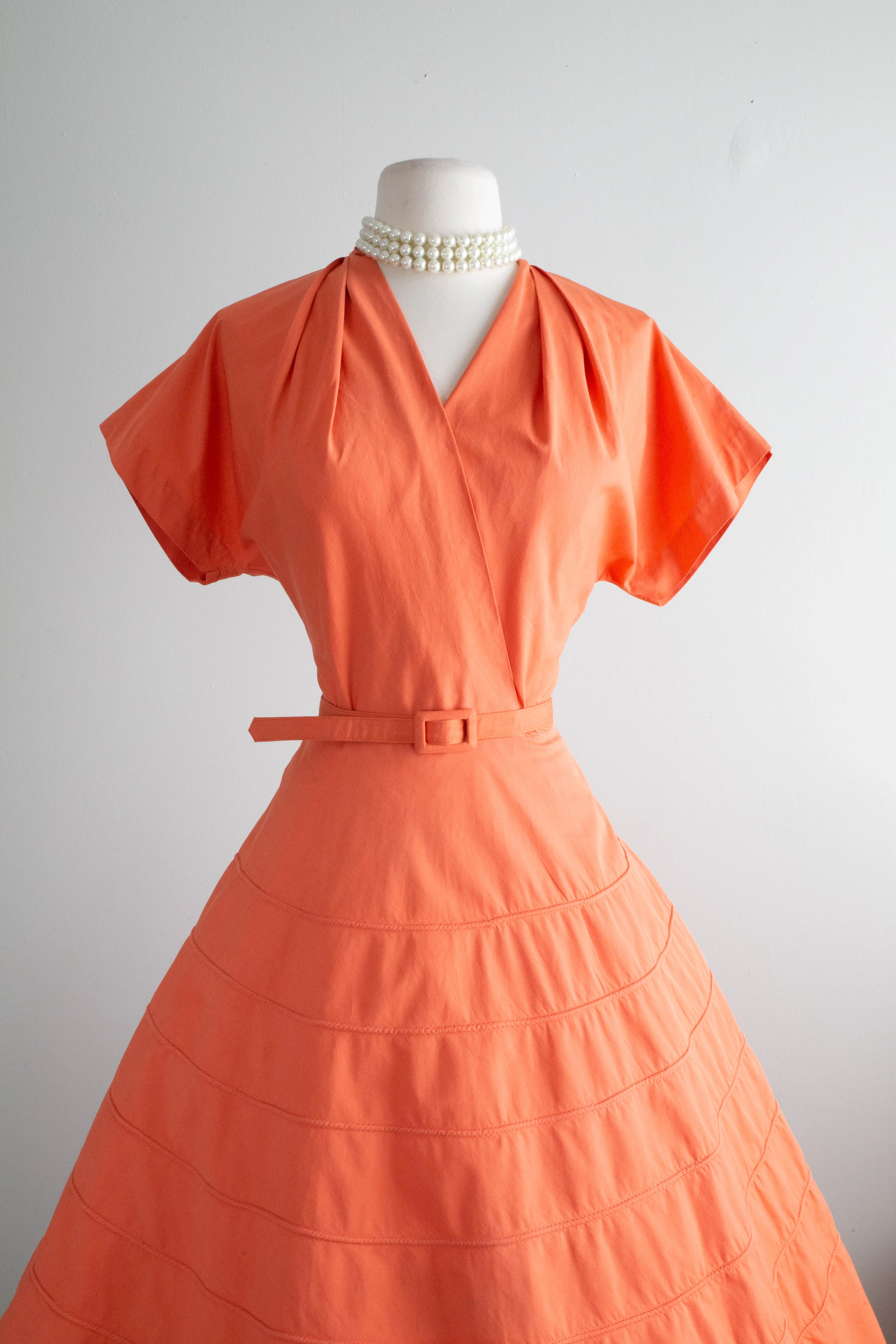 Crisp 1950's Coral Cotton Day Dress With Full Skirt / Medium