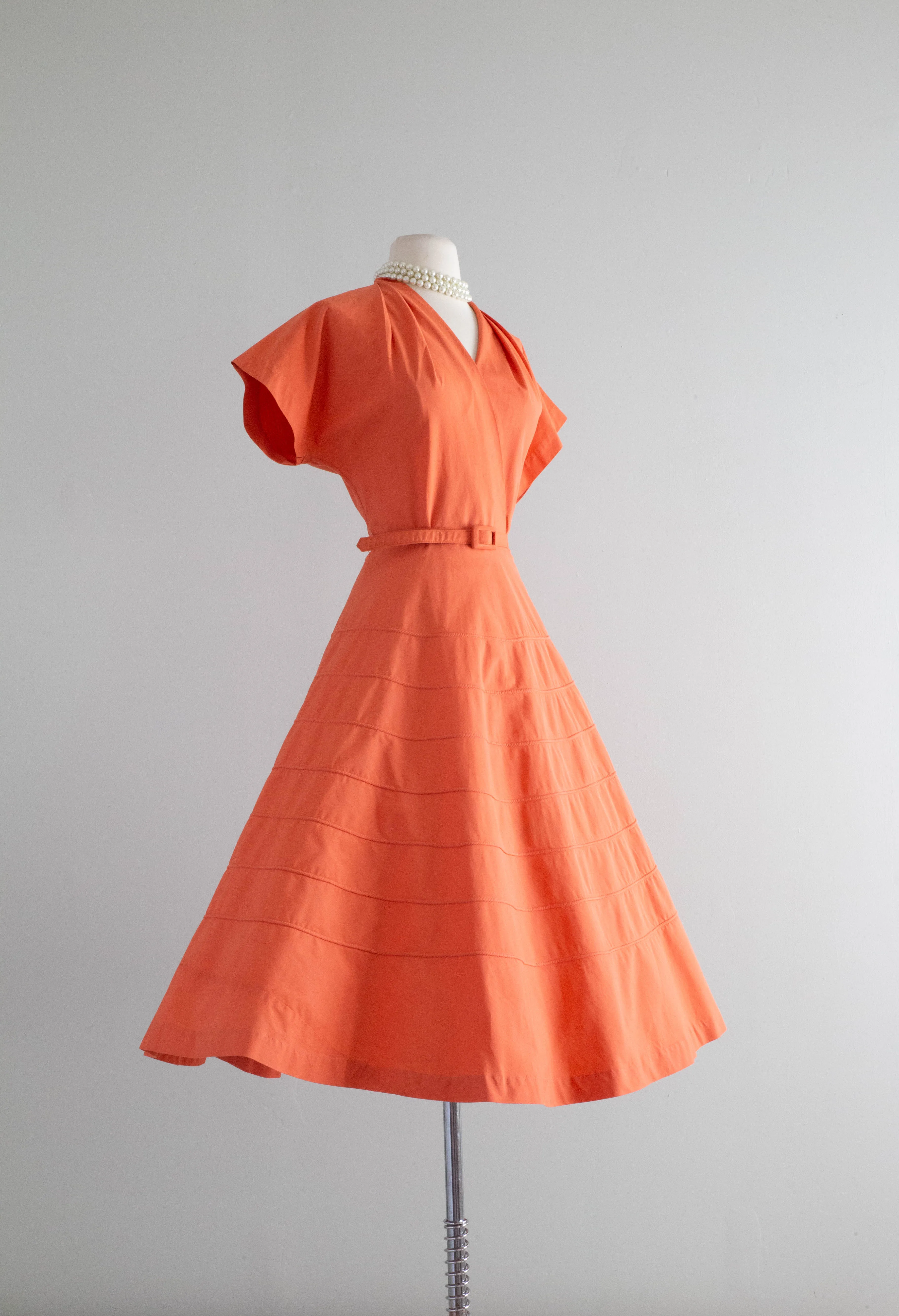 Crisp 1950's Coral Cotton Day Dress With Full Skirt / Medium