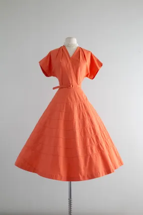 Crisp 1950's Coral Cotton Day Dress With Full Skirt / Medium