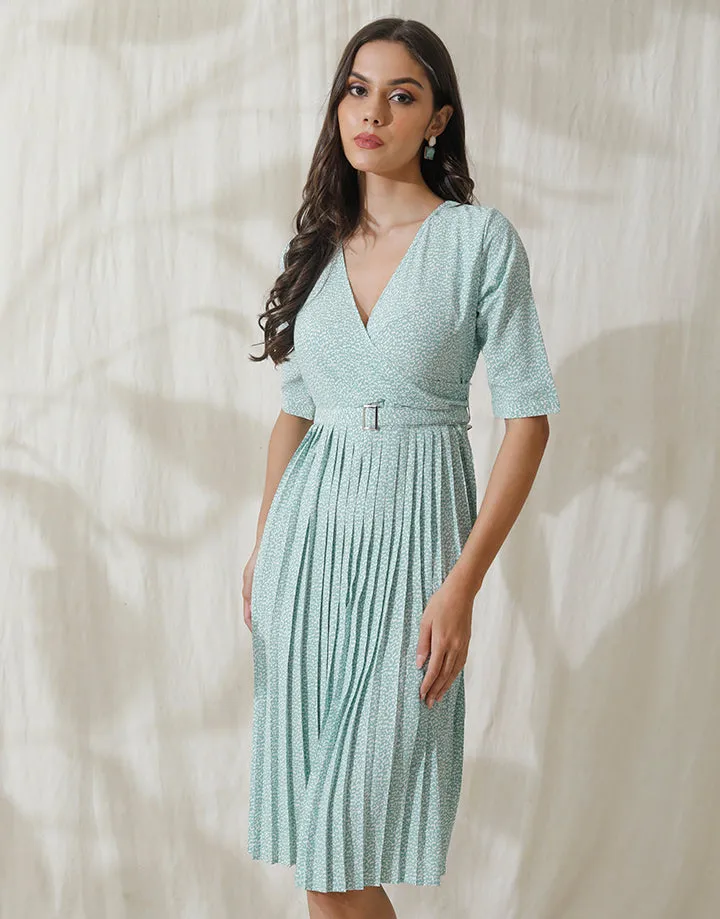 Crossover Pleated Dress with Belt