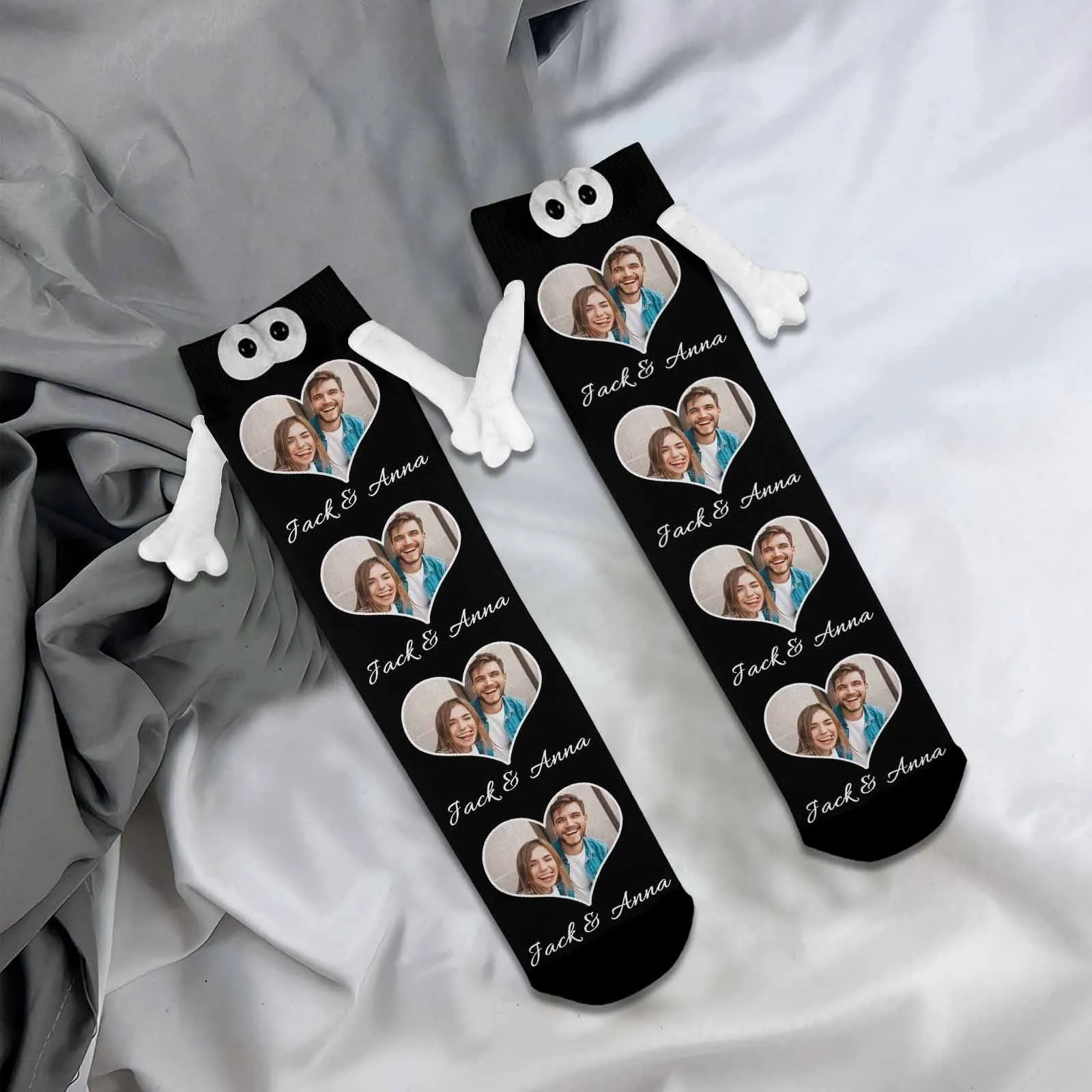 Custom Photo&Name Magnetic Holding Hands Socks Suction Funny Big Eye Socks Couple Valentine's Day Gift