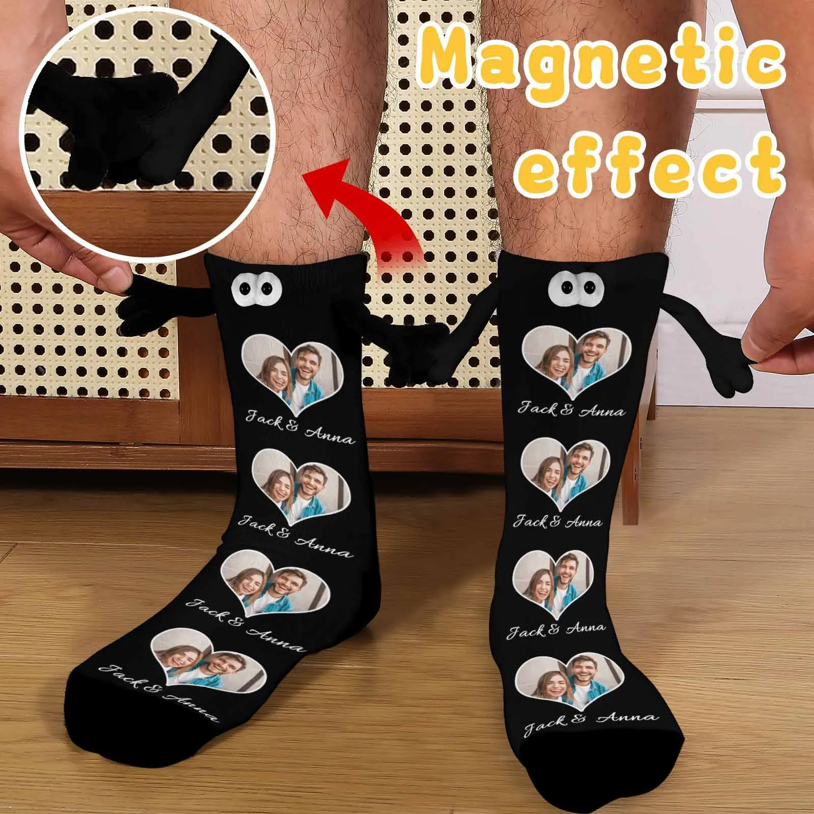 Custom Photo&Name Magnetic Holding Hands Socks Suction Funny Big Eye Socks Couple Valentine's Day Gift