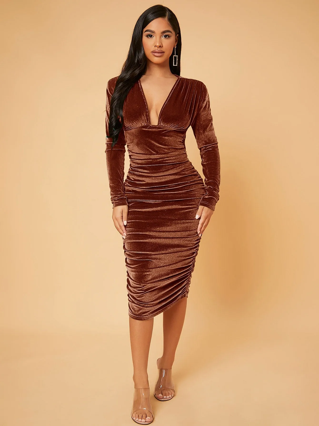 Deep V Neck Ruched Velvet Bodycon Dress