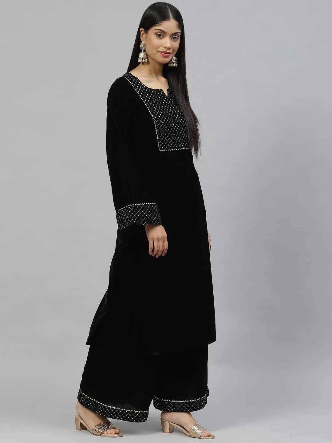 Divena Black Velvet hand work Kurta pant With Net Dupatta set