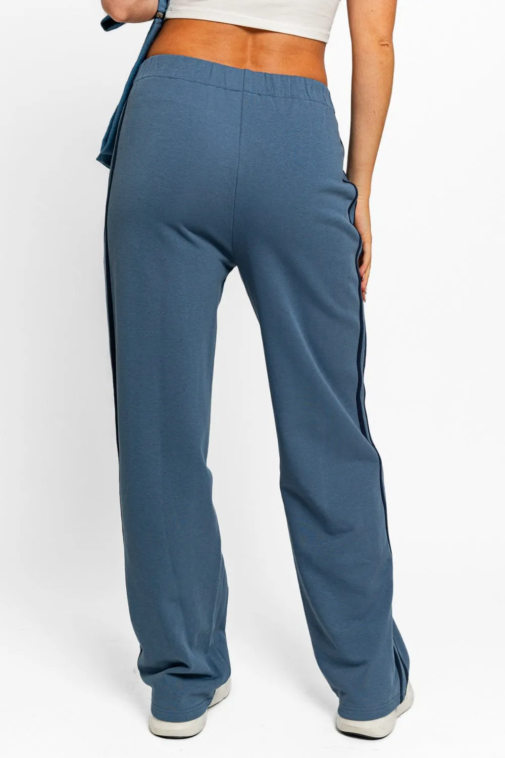 Dusty Blue High Waisted Side Stripes Straight Track Sweatpants