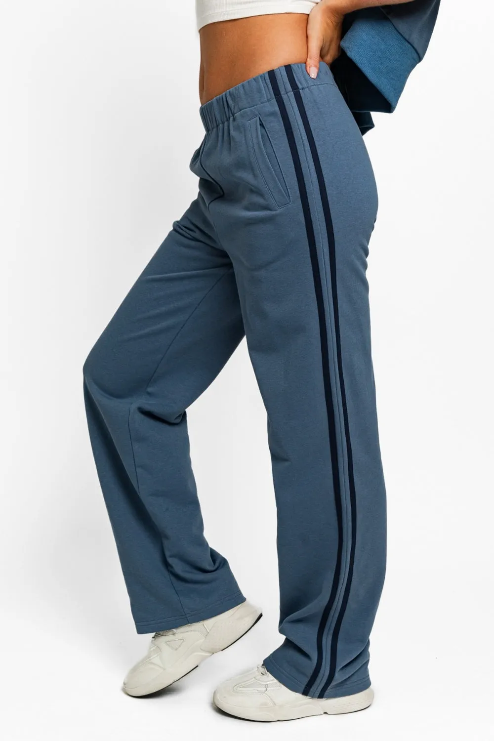 Dusty Blue High Waisted Side Stripes Straight Track Sweatpants