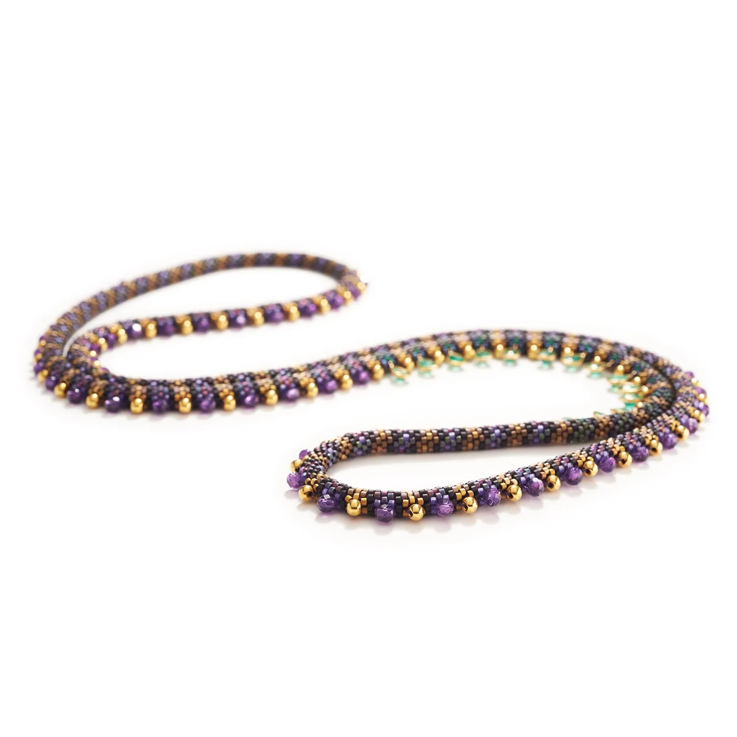 Gold, Amethyst, & Emerald Necklace in Lyda Pattern