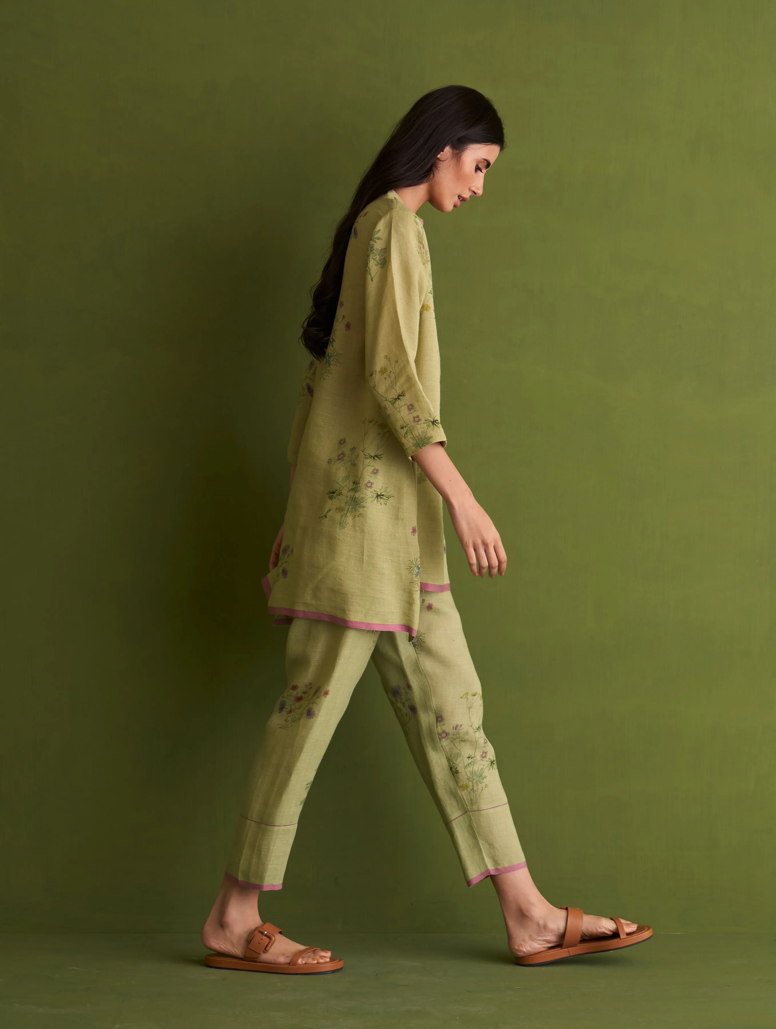 Maho Botanical Linen Kurta Set - Fern