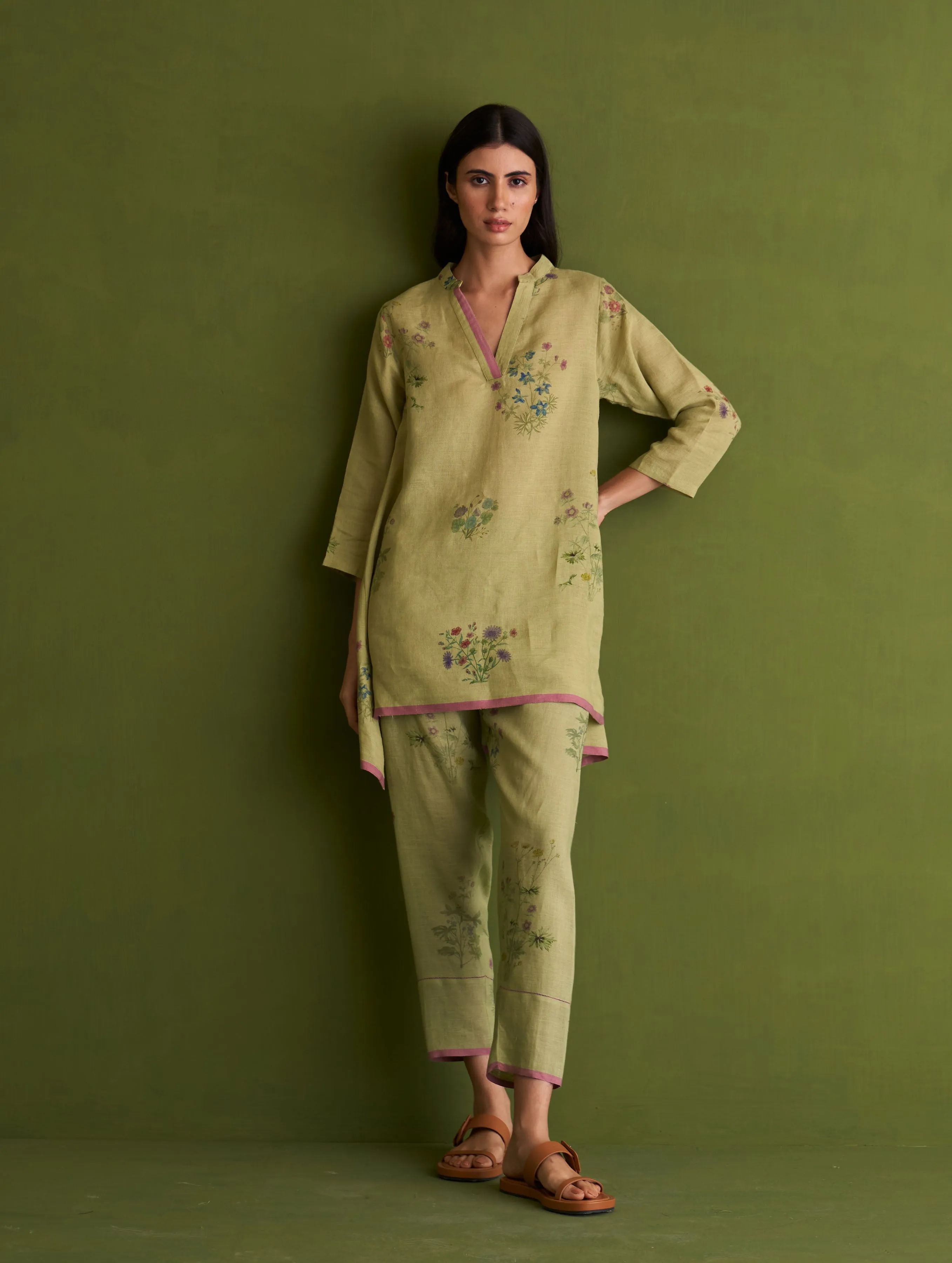 Maho Botanical Linen Kurta Set - Fern